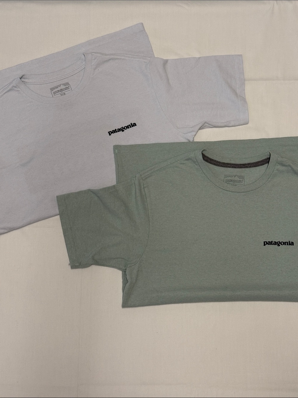 Patagonia Mens Short-Sleeve Logo Tees in Sage Green & Light Gray Lot of 2